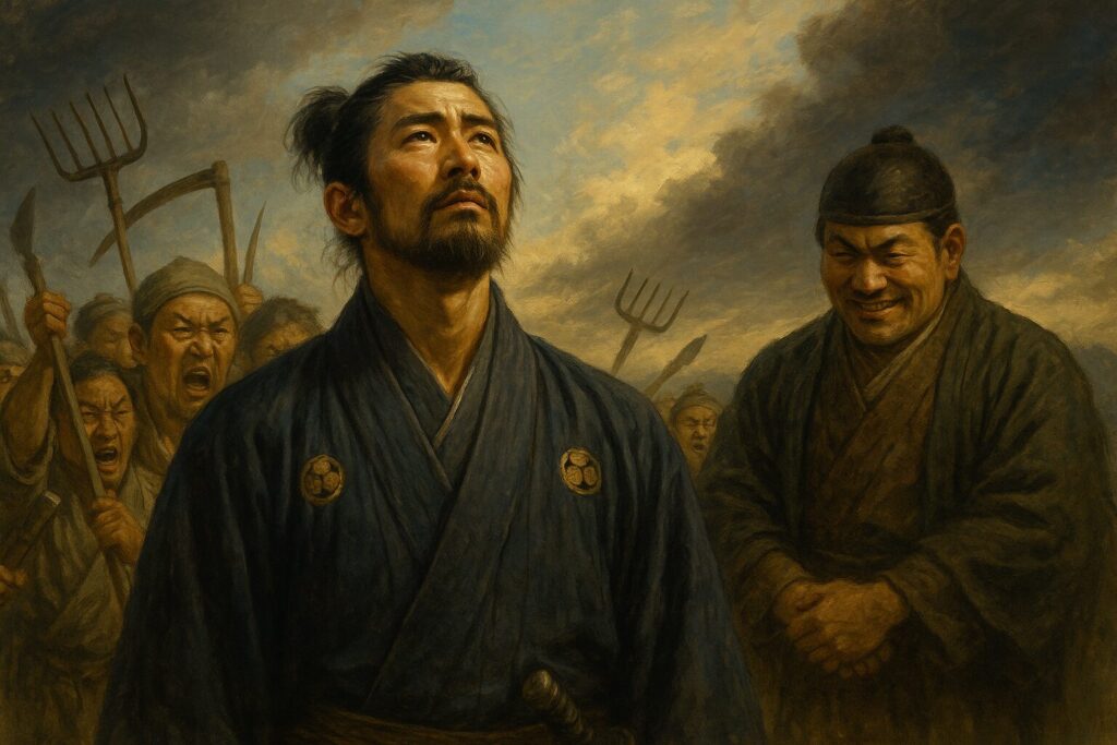 天を見つめて立つ若き高徳な武士。その背後では怒りに満ちた農民たちが鎌や鍬を振り上げ、誹謗中傷を浴びせている。さらにそのさらに背後には、多くの日本人を煽動する悪徳地頭が手を組んで邪悪な笑みを浮かべている。陰と陽、品位と混沌が交錯する象徴的な構図の写実的な横長デジタルペインティング