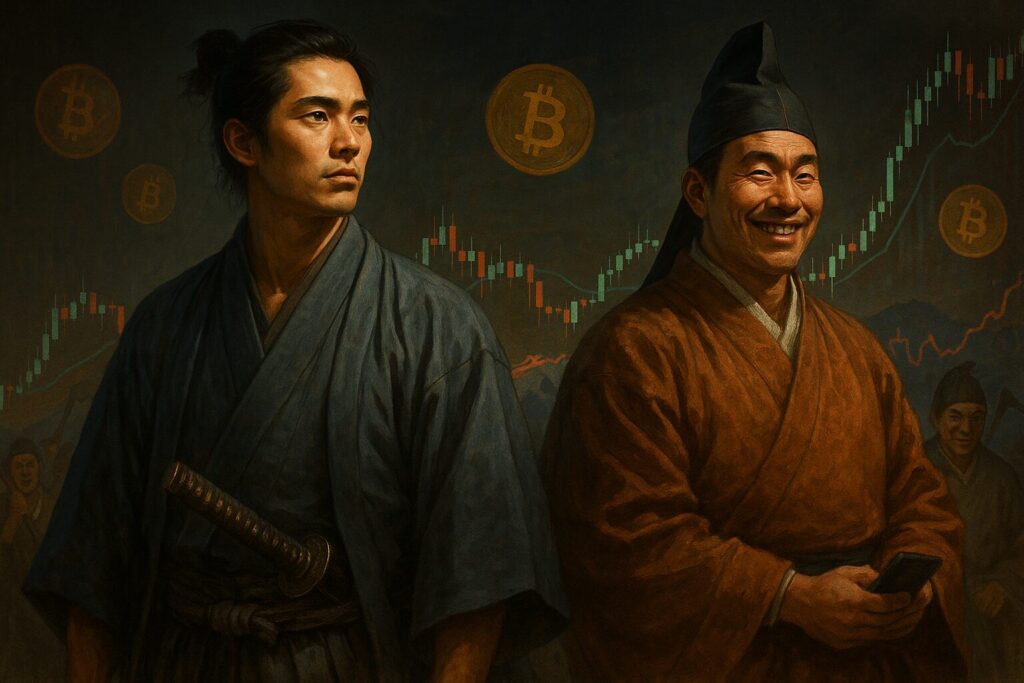 静かな威厳を湛えた高徳な若い武士が左側に立ち、正面を見据えている。右側には、拝金主義を象徴するような笑みを浮かべた悪徳な地頭が立っており、鎌倉時代の雰囲気を漂わせる烏帽子をかぶっている。背景にはビットコインや暗号資産のチャートが鮮やかに描かれ、二人の人間性と価値観のコントラストが写実的に強調された横長構図のデジタルペインティング