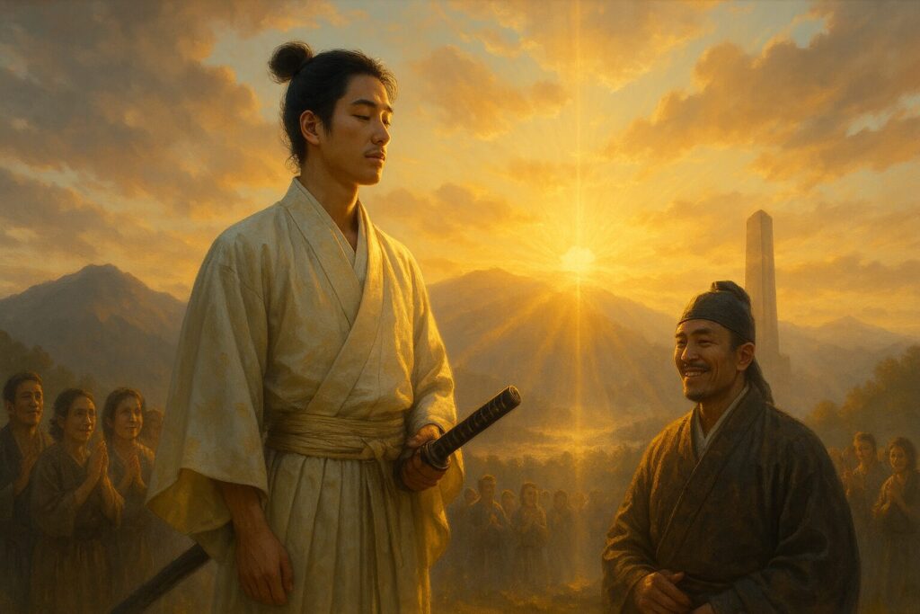 昇る朝日の中、白と薄金の装束を纏った若き武士が静かに立っている。表情は穏やかで、怒りではなく悟りを湛えた眼差し。背景には光が差し込む山々と雲が広がり、かつて罵声を浴びせた民衆が今は感謝の眼差しを向けている。右奥には「魂の金字塔」を象徴する石碑が立ち、一筋の光がそこに差し込んでいる──魂の道を歩む者の尊さを描いた写実的な横長デジタルペインティング