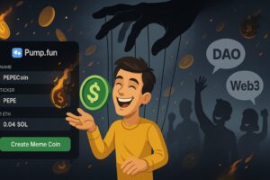 草コインを作成するための簡易UI画面と、Pump.funのロゴやミームコインの象徴アイコンが並ぶ構成。表面的な華やかさと裏側に潜むリスクや詐欺構造のコントラストを示唆するビジュアル
