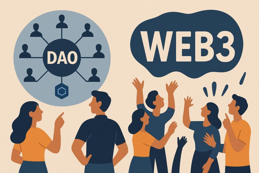 DAO(分散型自律組織)の構造を示す抽象的な図解。中央にDAOの文字、周囲に“Web3”“DeFi”“ミームコイン”などのバズワードが配置され、それらに群がる多数の人物シルエットが描かれている。幻想に吸い寄せられる群衆を象徴するような構成