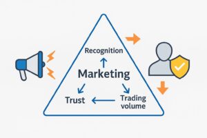 プロジェクト成功はマーケティングの鍵」をテーマにした日本語インフォグラフィック。横長比率のデザインで、左から右へ以下の要素が流れるように配置されている： 「認知度」→「マーケティング」→「信頼性」→「取引量」→「情報発信」→「信用を築く」→「責任」→「取引を促進」。それぞれの項目はアイコン付きで視覚的に強調され、プロジェクトの成長過程をステップ形式で示している。背景は明るくシンプルなデザインで、全体が整然と整理された印象を与える