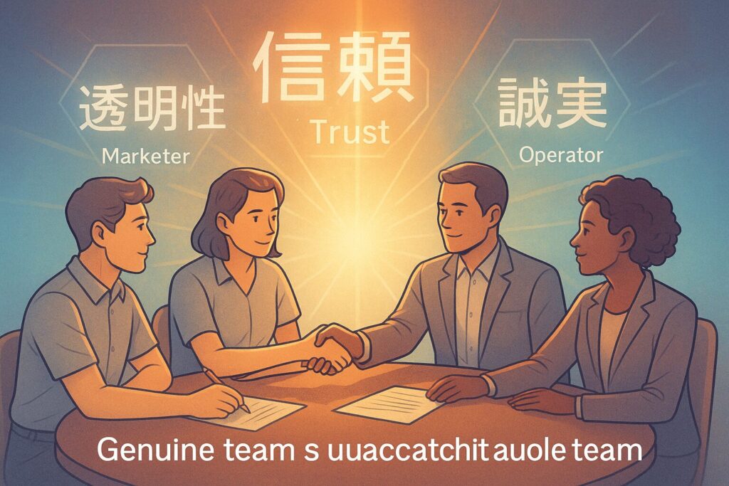円卓を囲む4人のプロフェッショナルが、それぞれ「マーケター」「開発者」「運営」「コミュニティ代表」として示され、信頼と責任を分かち合う様子を描いたイラスト。握手や契約書へのサインを交わしながら、お互いの目を見ている。背景には「信頼」「透明性」「誠実」と書かれたホログラム風のキーワードが浮かび、中央の光がチーム全体を照らしている。調和と徳に基づく運営構造を象徴する温かな色合いのデジタルアート