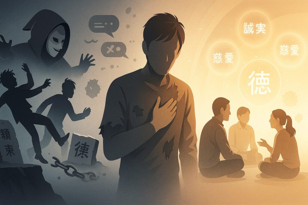 夕暮れの中、背を向けて一人歩く人物の前方に差し込む光。その光の中には“徳”の文字が浮かび上がり、過去に背を向けつつも、未来へと歩む決意が表現されている。背景にはかつての仲間と思しき人物たちのぼやけた姿が遠くに描かれ、“裏切り”からの旅立ちと人間の本質への問い、そして“それでも徳を信じて生きる”覚悟が込められた横長のデジタルイラスト