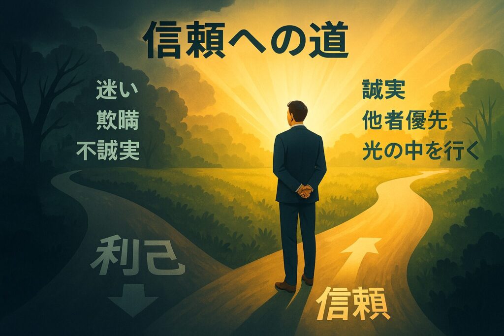 分かれ道に立つ一人の男性が、光に満ちた「信頼と徳」の道と、暗闇に包まれた「利己と裏切り」の道の間で選択しようとしている様子。後光を浴びながら前を見据える姿が、誠実さと覚悟を象徴している。横長の構図で、右側が光と仲間の輪、左側が孤独と闇に覆われたメタファー構造になっている