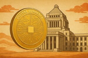 和風の背景に浮かぶ「デジタル通貨」を象徴する金色のコインと政府の建物をテーマに政府による新しい“通貨構想”のインパクトを伝える画像