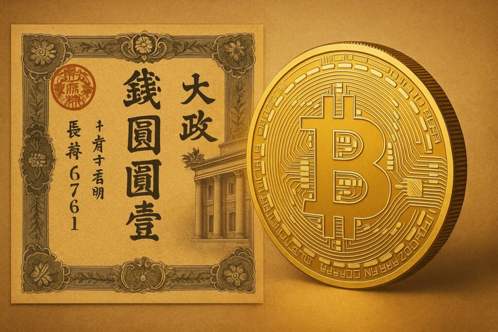 明治時代の「太政官札」とデジタルコインが並んで表示される構をテーマに、歴史と未来の通貨を対比させ、インパクトを与える画像