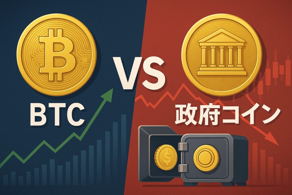 「BTC vs 政府コイン」のグラフが動いているような対比構図をテーマに、トレーダーにとっての新マーケットの到来を印象づける画像