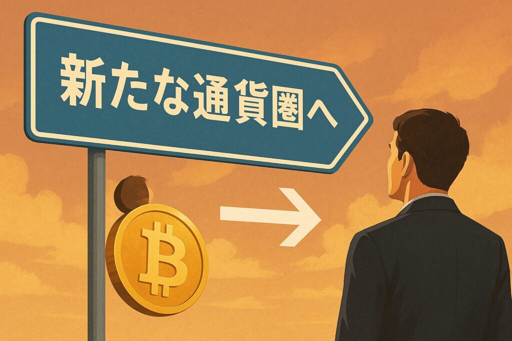 「新たな通貨圏へ進む矢印」と、それを見つめる人物の背中をテーマに、未来の選択肢として“備えるべき”空気を演出した画像