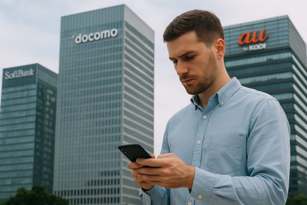 大手キャリアのビルが遠景に映る中、小さな起業家がスマホで何かを操作する姿をテーマに、制度変化により個人にも開かれた通信ビジネスを象徴した画像