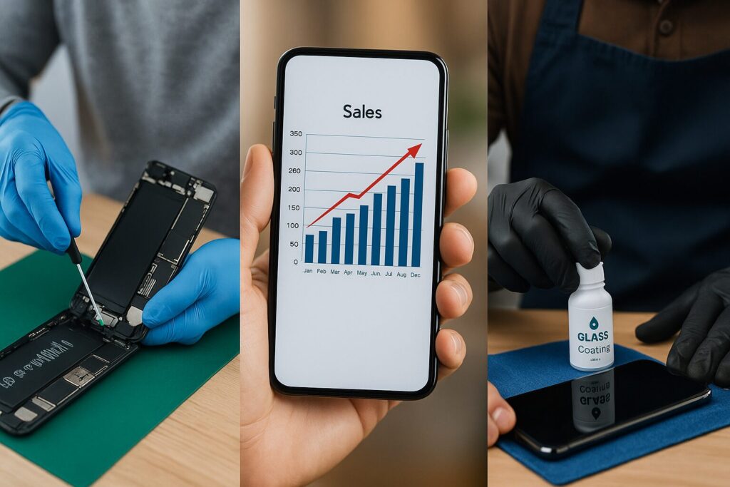 売上グラフとスマホ画面、バッテリー交換・コーティング作業の様子をテーマに、収益の視覚化と「即収入」×「継続収入」の両立を表現した画像