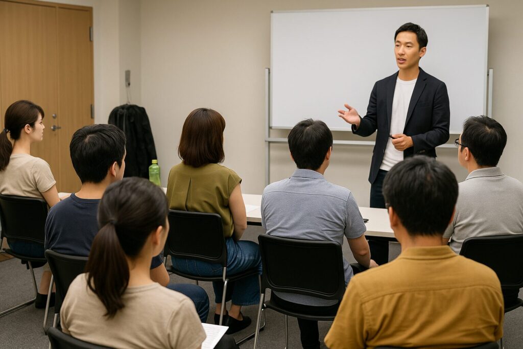 小さな会議室で真剣に話を聞く参加者たちと、講師として話す中野和幸の姿の画像