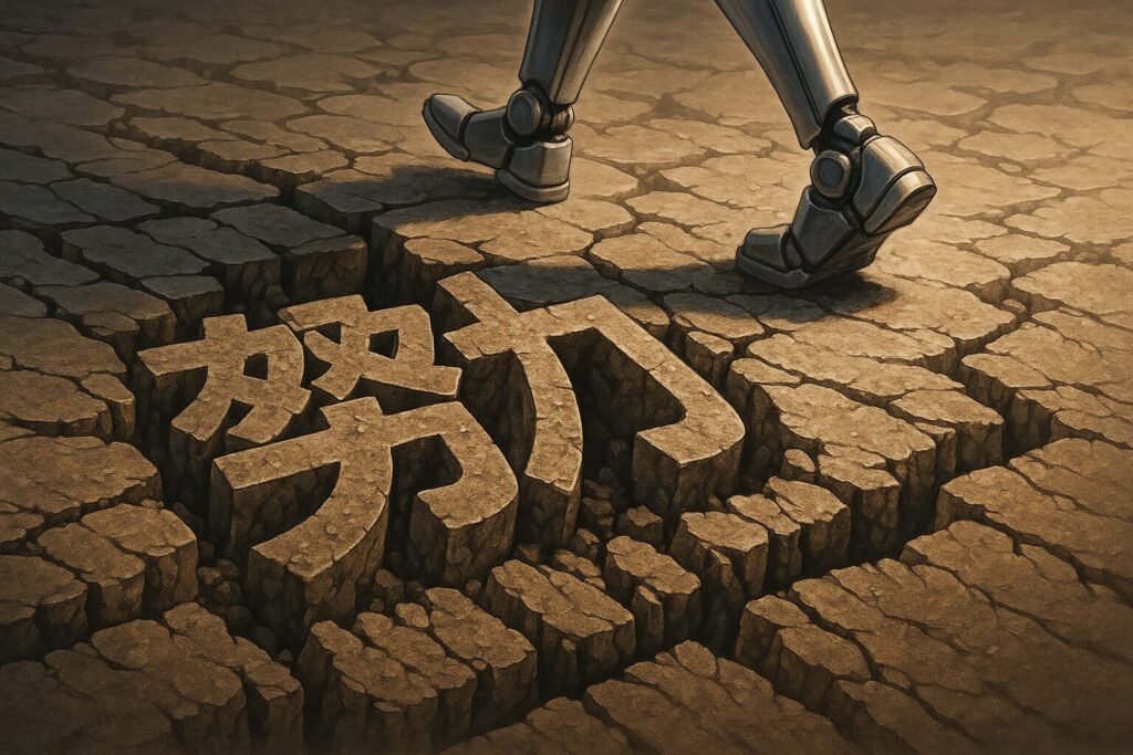割れた地面に埋もれる「努力」の文字と、その上を進むロボット(AI)の脚