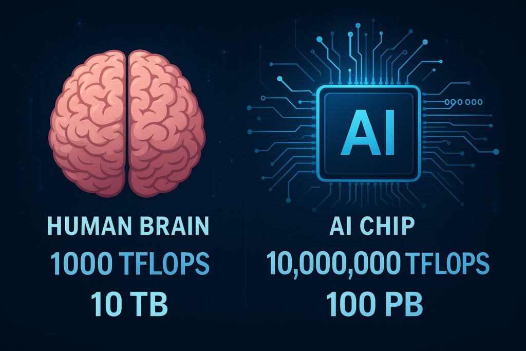 画像案:人間の脳とAIチップが対比され、AIの側に桁外れの数値が表示されているグラフィック(例:演算速度・記憶容量)