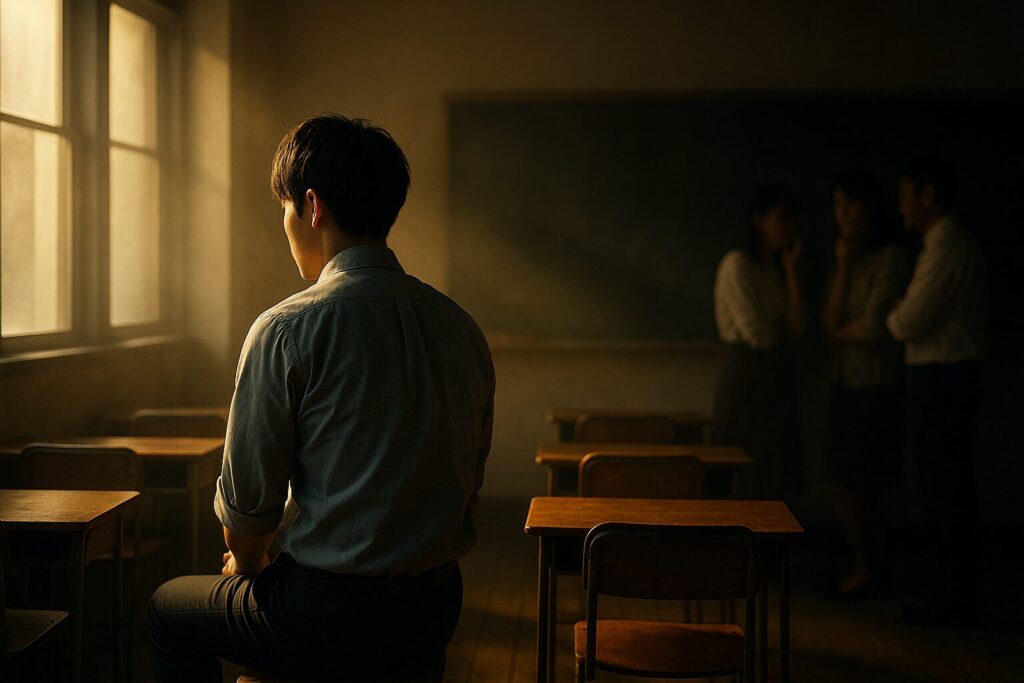 教室の隅に一人佇む若い教師の背中、その後ろで他の教師たちが陰で噂話をしているような構図(光と影で心理を表現)