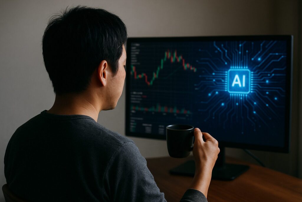 背景はパソコン画面にチャートとAIの演算イメージ、その前で静かにコーヒーを飲む人物