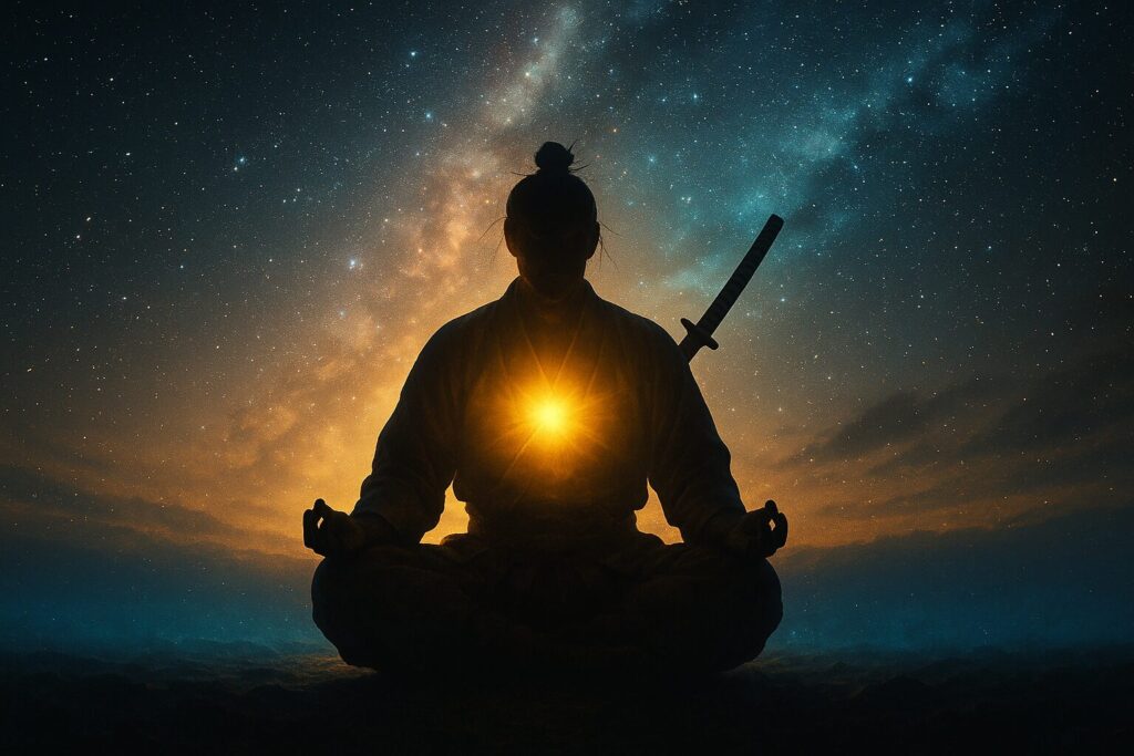 宇宙を背景に、光を浴びながら瞑想する人間のシルエット。脳ではなく“胸”が輝いている描写(AI時代の人間性の象徴)