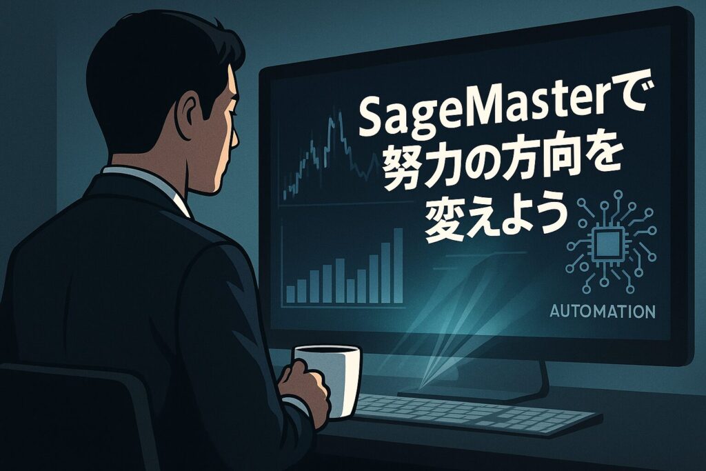 巨大な歯車を押す日本人男性のシルエット。背景には未来的に輝くAIアイコンが浮かび、旧時代の肉体労働とAIによる自動化の対比が描かれている。全体は横長比率で、努力の方向転換を象徴する構図
