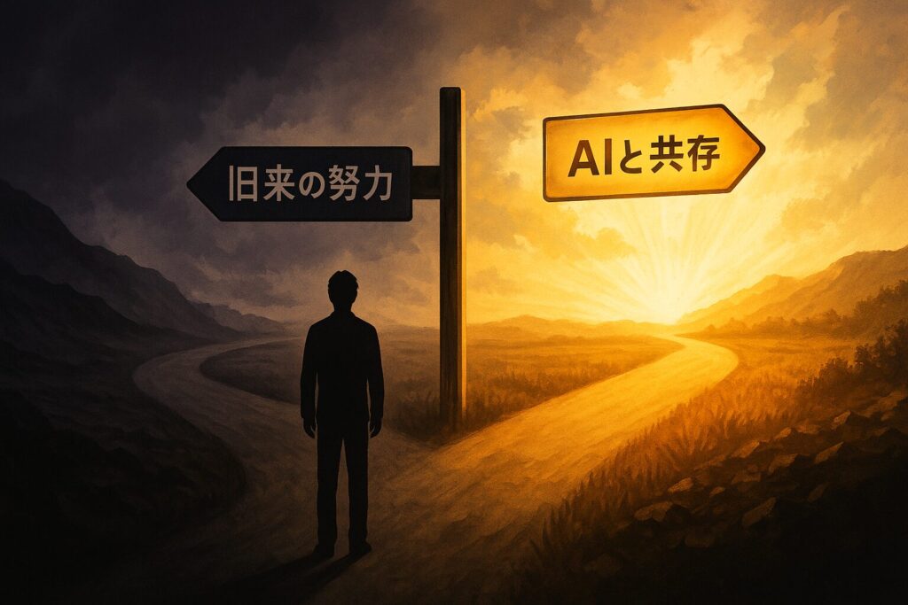 T字路に立ち止まるシルエットの人物。片方は「旧来の努力」(暗くて険しい道)、もう片方は「AIと共存」(光の差す未来へ)と書かれた標識
