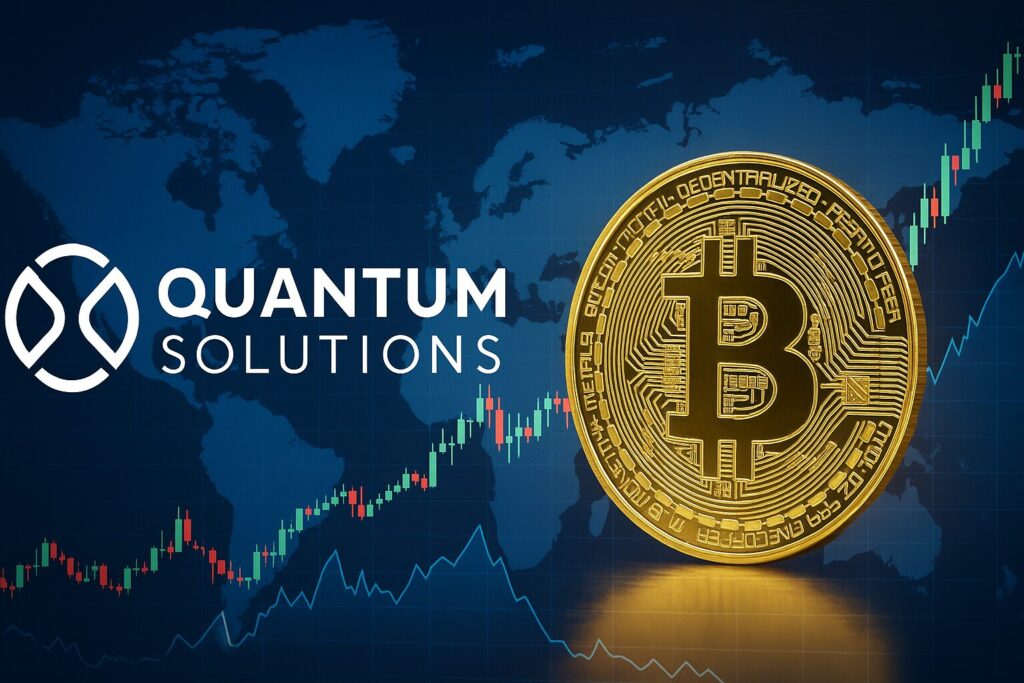 クオンタム社のロゴ+BTCチャート+世界地図を重ねた構成