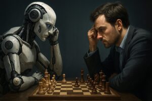 AIロボットと人間がチェスをする対比構図