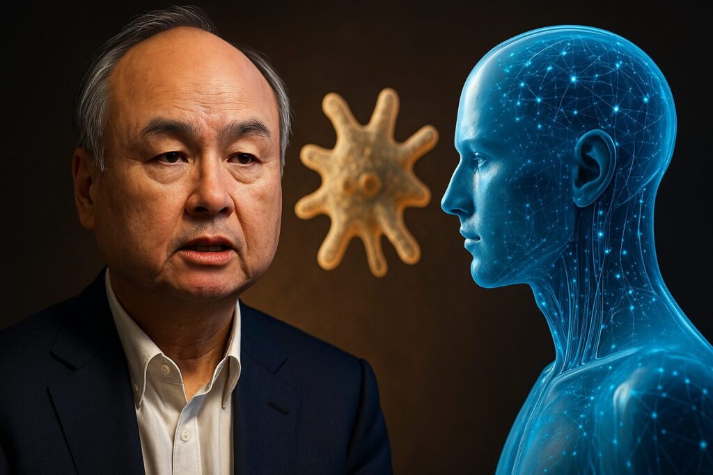 「AIと人間の違いは、人間とアメーバくらいの差がある」と言うテーマ画像で、孫正義氏の発言に見る“AIと人間の圧倒的な差を表現
