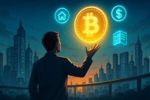 未来の都市で、個人投資家がデジタル資産の光に手を伸ばすイラスト（希望と備えを象徴）