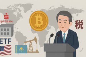 世界地図の左側にドイツ銀行・米ETF・カザフスタンの象徴、右側に日本の政治家と“税”の文字、中央に浮かぶビットコインをテーマに、国際的な仮想通貨の流れと日本の対照的な姿勢を象徴する構図