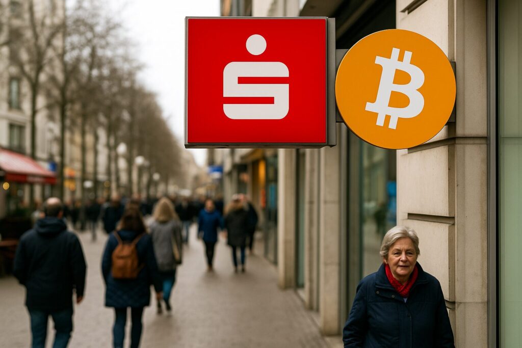 ドイツSparkassen銀行の看板＋BTCロゴ＋市民の生活風景をテーマに、「金融機関の信頼」として仮想通貨が浸透していく兆しを可視化した画像