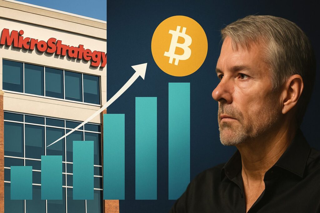 マイクロストラテジー社の社屋＋BTC購入グラフ＋CEOの横顔をテーマに、企業が本気でBTCに賭けている姿勢を可視化した画像