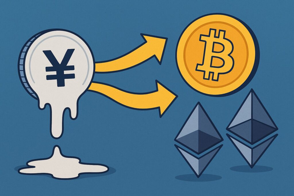 日本円が溶け、BTCやETHへと分散されていくアニメーション的構図をテーマに、通貨の分散・自己防衛としての暗号資産の位置付けを訴求した画像
