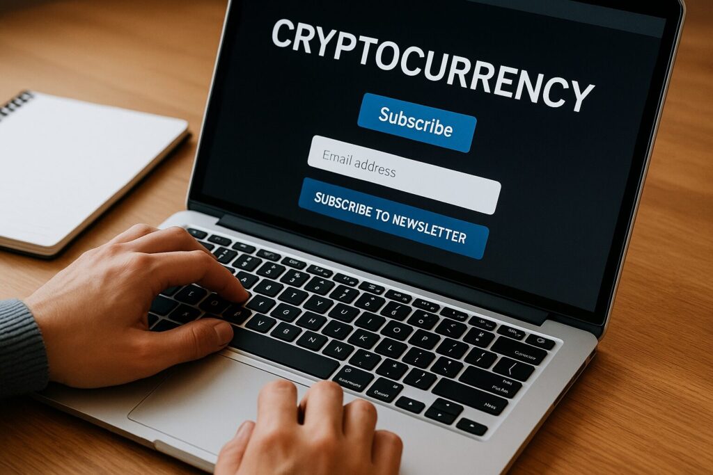 パソコンで仮想通貨に関するブログやメルマガ登録フォームを操作する手元をテーマに、記事を起点としたアクション導線を強化した画像