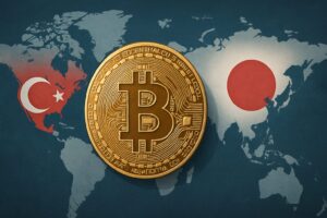 世界地図の前景に、左寄りにリアルなビットコインが配置されている。背景にトルコと日本の国旗をさりげなく溶け込ませた画像