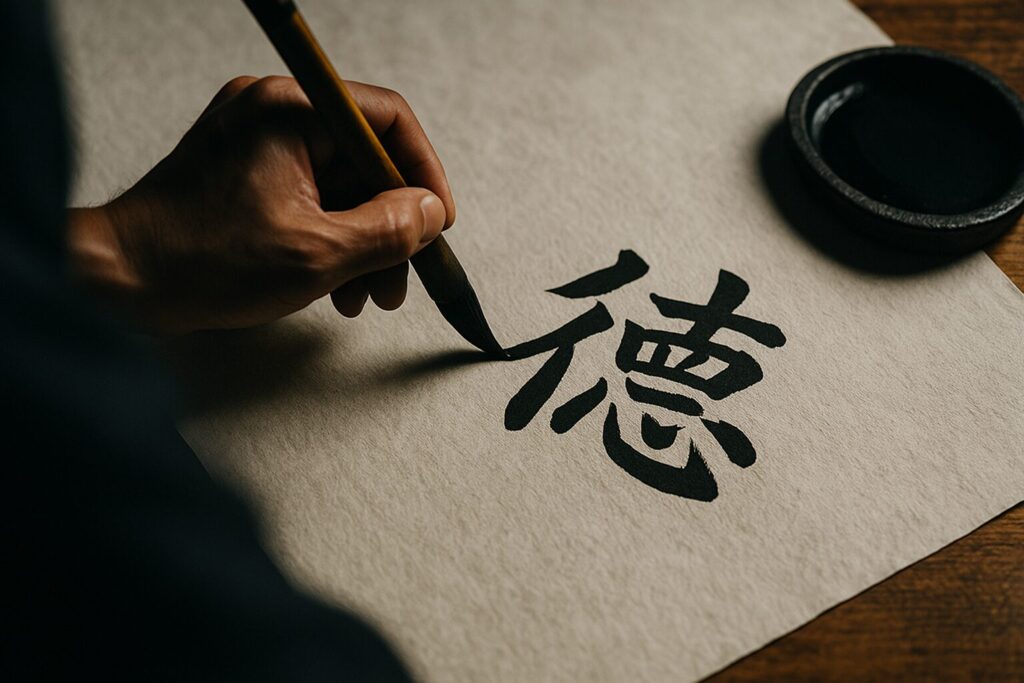 和紙に筆文字で「徳」を書く手元の構図の画像