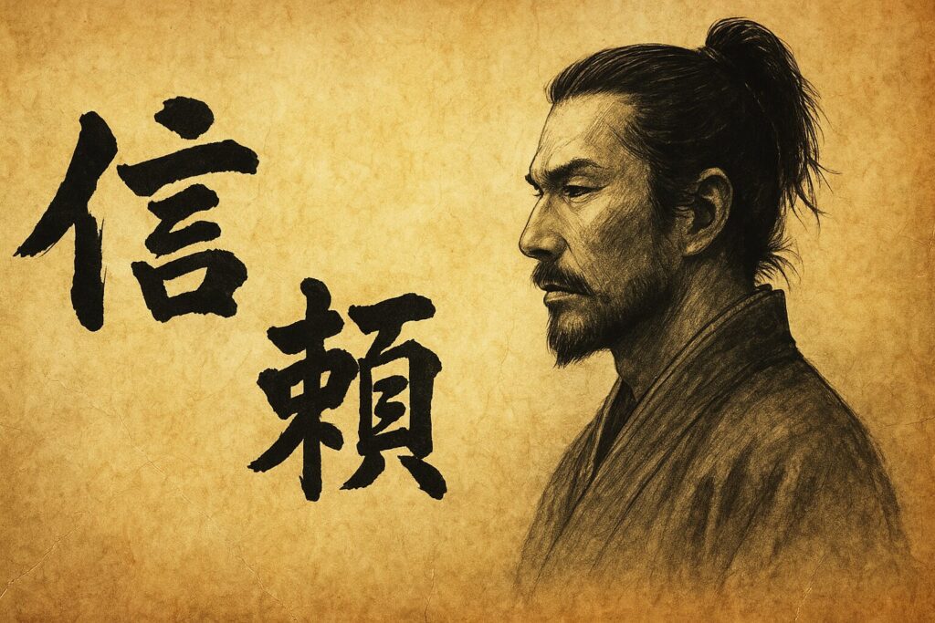 和風の筆文字で「信頼」+武士の横顔の画像