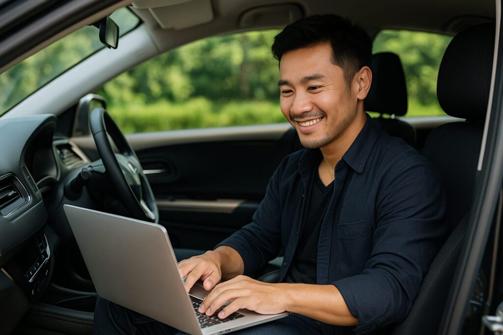 時間と場所を選ばずに、車でパソコンで仕事をしている男性の画像
