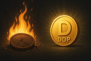 燃え尽きる旧トークンと輝く黄金のDOPコイン