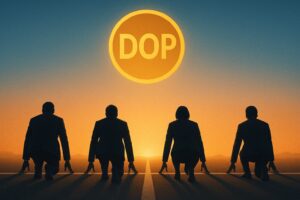 スタートラインに並ぶ投資家たちのシルエット、空に浮かぶDOPロゴ