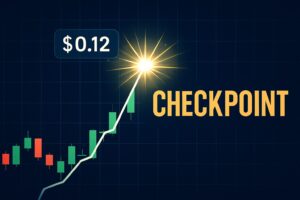 チャートが\$0.12を突破する瞬間を強調したグラフ、横に「CHECKPOINT」の文字