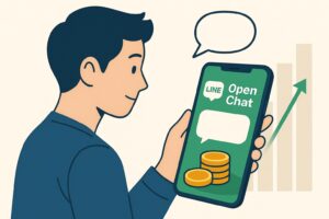 スマホ画面でLINEオープンチャットの吹き出しをチェックする投資家のイラスト