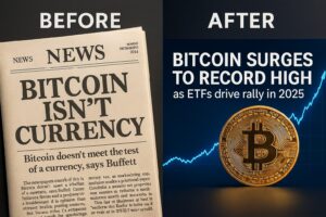 2014年のニュース紙面と、2025年のETFニュースを対比した画像（Before / After構図）