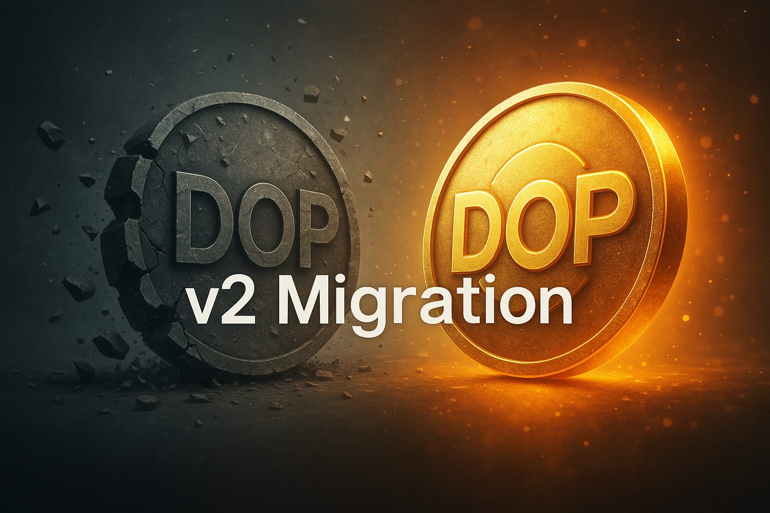 DOP v2移行を象徴するビジュアル。左側で灰色に崩れる旧DOPトークン、右側で輝く新しい金色のDOPトークンが浮かび上がり、中央に「v2 Migration」の文字が淡く表示されている