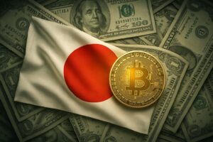 日の丸がドル札に包まれ、その中央に黄金のビットコインが浮かび上がる構図。暗めの背景の中でビットコインが光を放ち、「円の弱体化とBTCの躍進」を象徴的に表現している横長イメージ