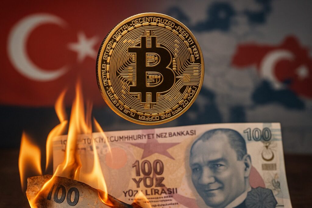 トルコリラ紙幣が燃えながら消え、その上にビットコインが浮かび上がる写実的構図の画像