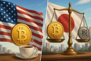 アメリカの国旗が掲げられた明るい街並みで、ビットコイン決済を使う人々と、陰のある日本の街で税負担に困惑する人々が対比的に描かれた写実的なイラスト
