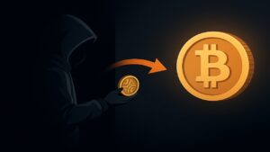 フードを被った人物が闇の中へ消えていく様子と、手元でビットコインに変換される資金を描いたイラスト。匿名性と詐欺的構造を象徴する構図で、暗号資産プロジェクトの危うさを視覚的に示している