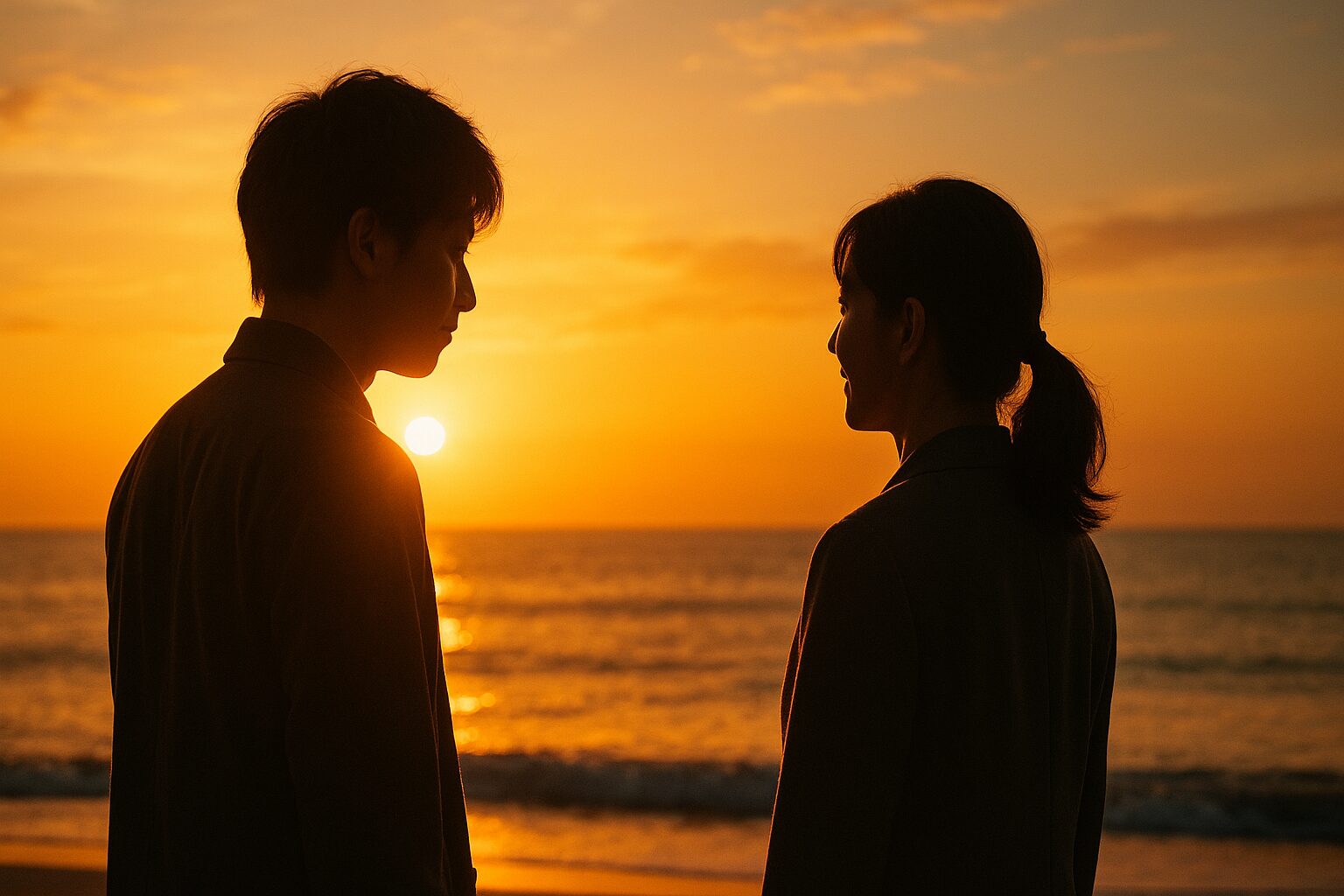 夕暮れの海辺で、やや距離を置いて向き合う男女のシルエット。男性は女性に敬意を込めて目を向け、背後には黄金色の夕陽が海面を照らし、空はオレンジから青へとグラデーションしている