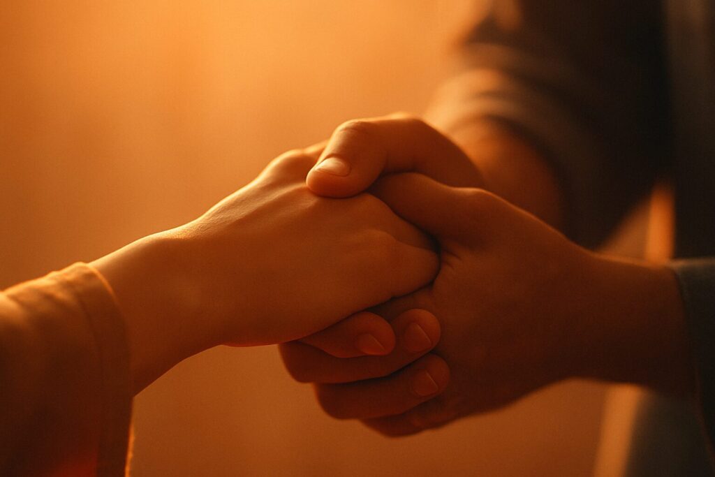 暖色の光に包まれた中で、二人が差し出した手を優しく握り合う瞬間のクローズアップ。温もりと信頼を感じさせる構図