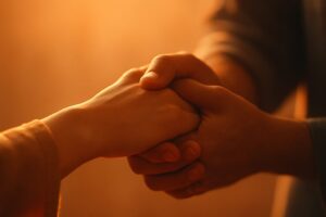 暖色の光に包まれた中で、二人が差し出した手を優しく握り合う瞬間のクローズアップ。温もりと信頼を感じさせる構図