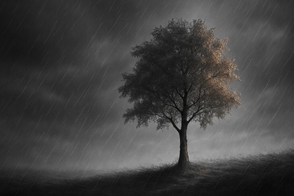 嵐の中、激しい雨と暗い雲に包まれながらもまっすぐ立つ一本の木。モノクロの世界の中で、葉だけがほんのりと色づき、逆境に立ち向かう力強さを象徴している